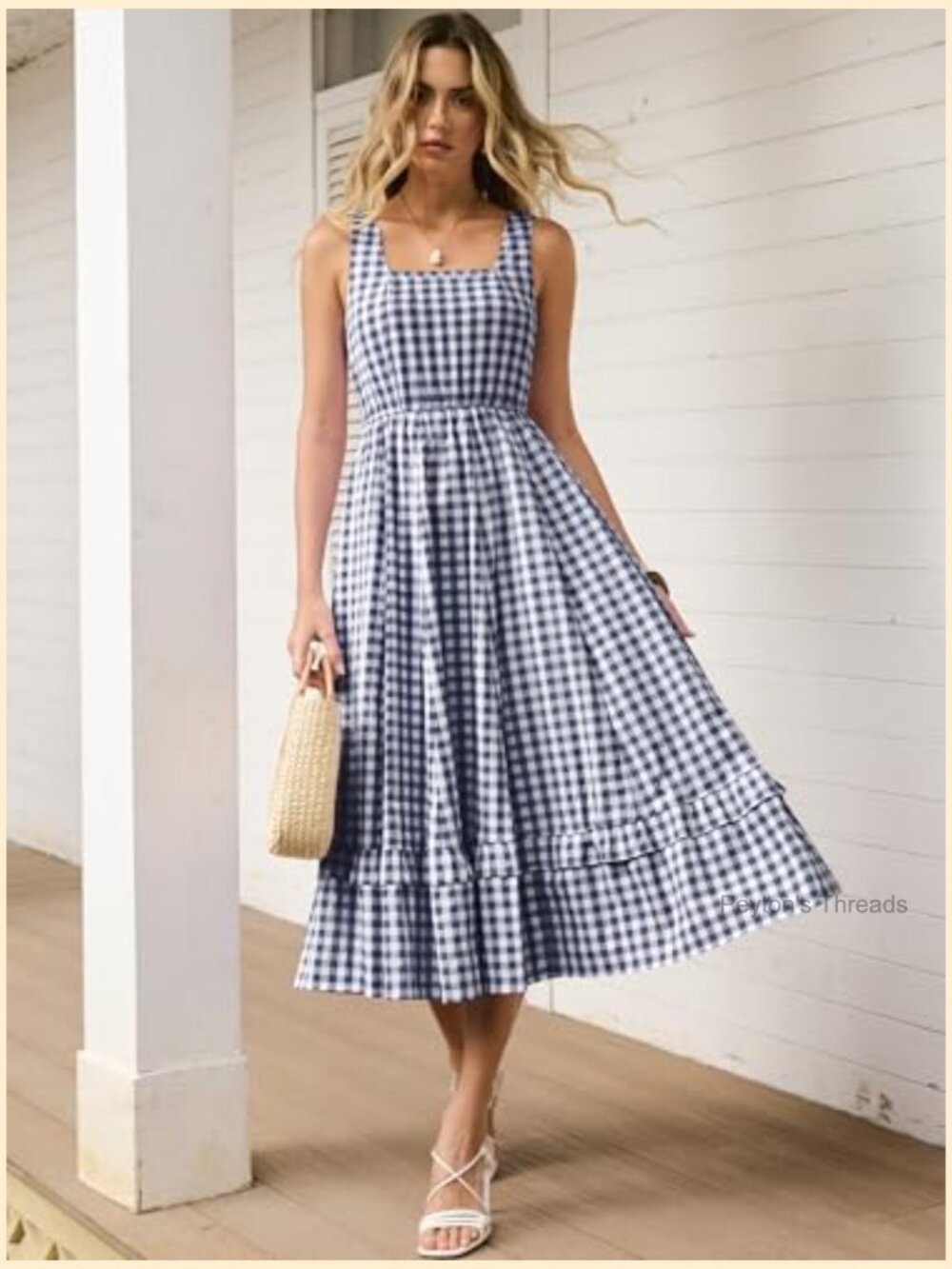 Womens Summer Casual Gingham Plaid Midi Dress Sleeveless Square Neck Flowy - Picture 3 of 7